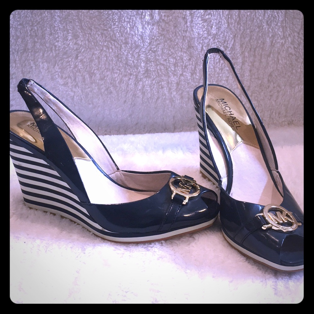 Michael Kors Navy Stripe Wedge Sandal 6.5